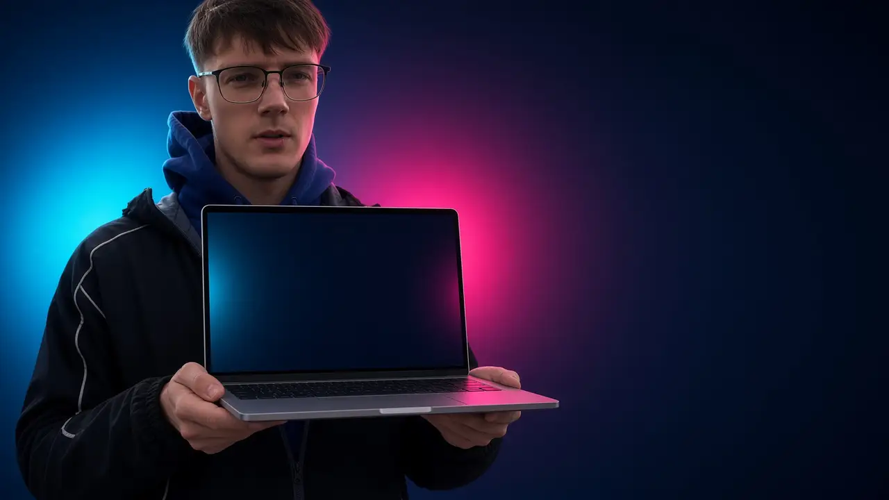 Ernests from K-Tunes holding a laptop